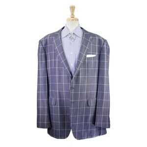Custom Tailored Blue Gray Windowpane Linen 2-Btn Sportcoat Blazer Big Tall 52L